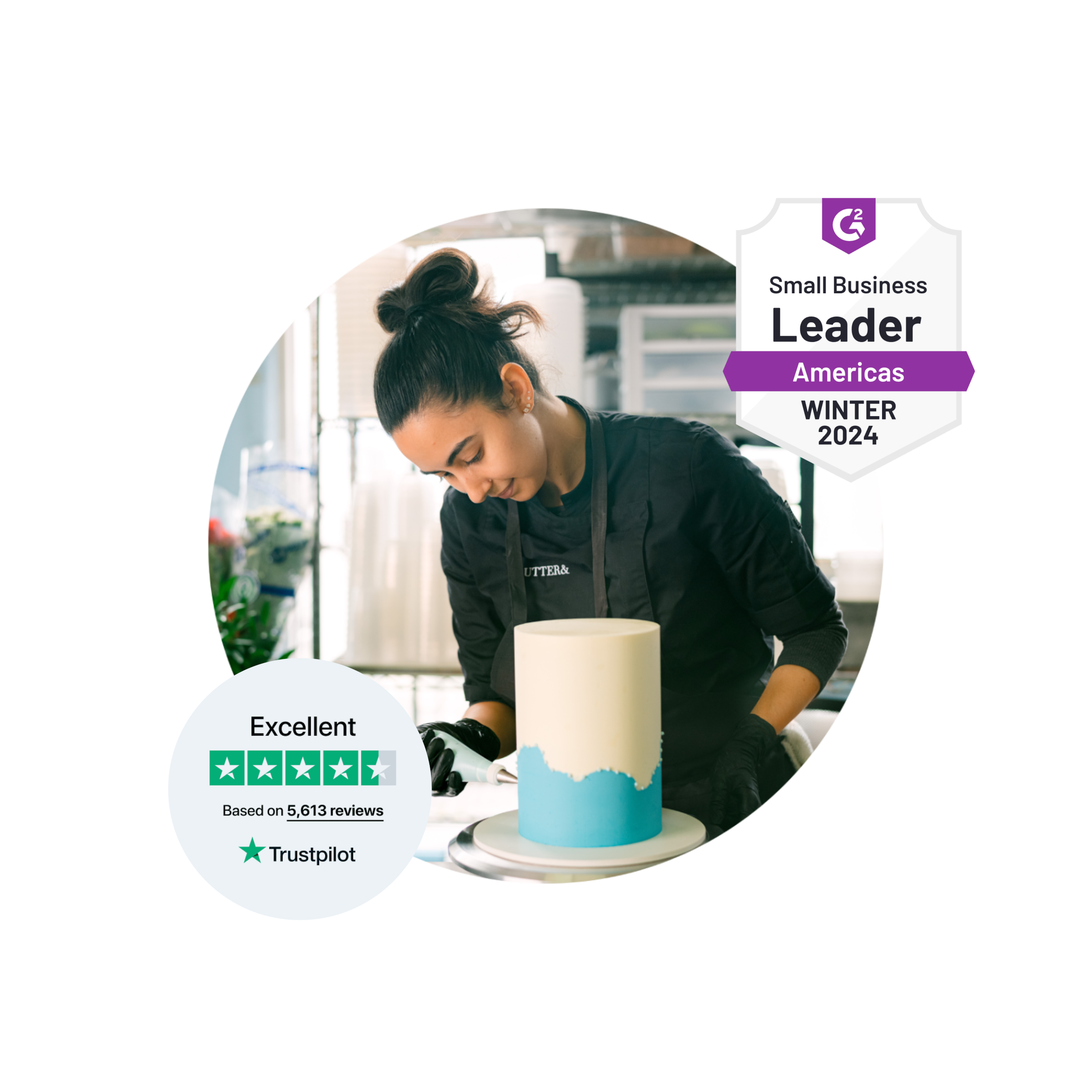 A Xero user decorating a cake with blue icing. Social proof badges surrounding the circular image.